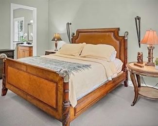 King bed, end stand, pair of matching gazelle (?) horn sconces