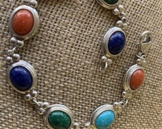 Sterling Silver Bracelet w/ Turquoise, Lapis, & Malachite