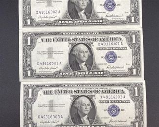(3) Uncirculated 1957 Silver Certificates in Sleeve