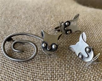 Vtg "RM Mexico" Sterling Cat Brooch w/ Matching Earrings