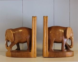 Hand Carved Wooden Elephant Book Ends