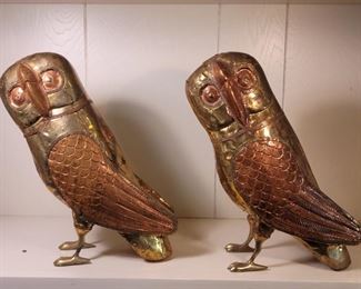 Pair Mid Century Hand Forged Copper & Brass Owls