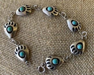 Sterling Silver Shadowbox Bear Claw Bracelet w/ Turquoise