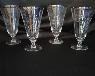 (4) Fostoria Etched Platinum Rim Juice Glasses in Bridal Belle Pattern