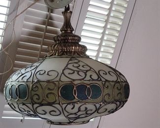 Mid Century Glass & Brass Hanging Swag Lamp