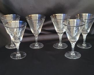 (6) Fostoria Etched Crystal Platinum Rim Water Goblets
