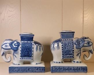 Pair Blue and White Ceramic Elephant Plant Stands