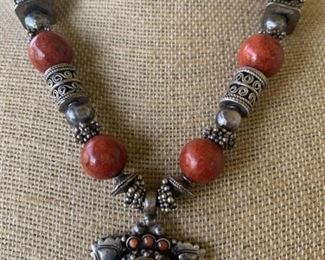 Sterling Silver & Coral Bead Necklace