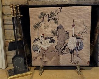 (2) Crane Tapestry Brass Footed Fireplace Screen and Fireplace Tools on Stand