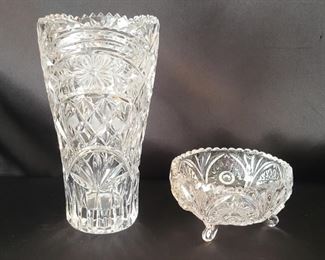 (2) Brilliant Crystal 8in Vase and Footed Bowl