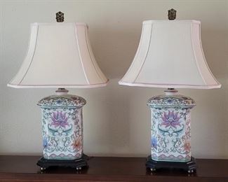 Pair of Vintage Floral Ceramic Lamps with Shades
