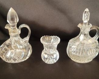 3) Fine Crystal, 2 Cruets & a Toothpick Holder