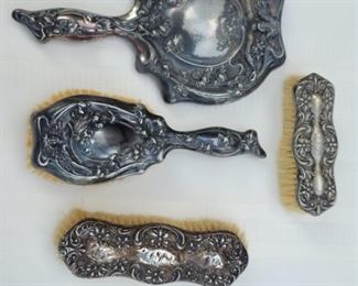 (4) Vintage Vanity Set, Brushes and Mirror