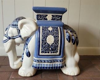 Blue & White Painted Ceramic Elephant Plant Stand