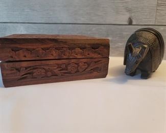  (2) Carved Wooden Box & Armadillo Figurine