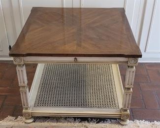 Neoclassical End Table w Walnut Top & Rattan Shelf