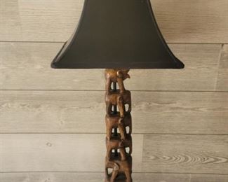 Carved Wood Stacked Elephant Lamp with Shade