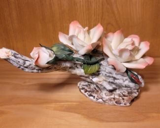 Nuovo Capodimonte Porcelain Flowers on Log, Italy