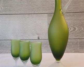 Mid Century Frosted Green Wine Carafe & 3 Stems