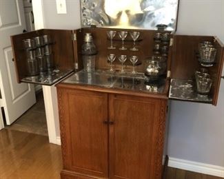 Art Deco Bar with all Barware. Platinum rimmed glasses by Federal Glass Company. 