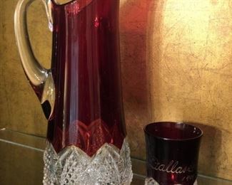(2) Antique Ruby Red on Clear Crystal Pitcher Set Absolutely Stunning Set Marked, Dallas Fair 1909.
Set Includes Pitcher with Applied Handle and Glass Tumbler.