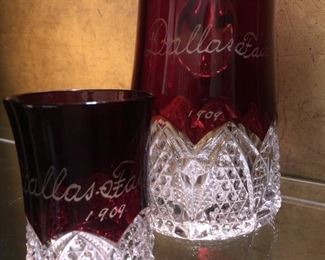 (2) Antique Ruby Red on Clear Crystal Pitcher Set Absolutely Stunning Set Marked, Dallas Fair 1909.
Set Includes Pitcher with Applied Handle and Glass Tumbler.