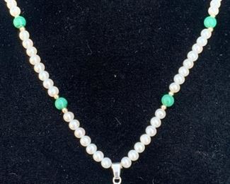 Sterling Silver, Pearl, and Malachite Necklace