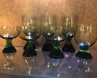 (7) Hand Blown Lenox Crystal Green Stem Glasses