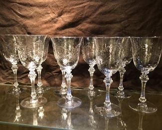 (9) Crystal Wine Stems with Leaf Pattern