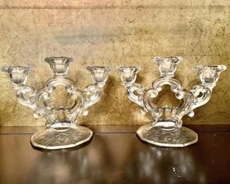 Pair Vintage 3 Candle Crystal Candelabras