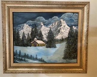 Mountain Cabin Oil on Canvas Painting by LT Burr