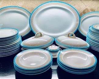 Antique Royal Worcester Set of 1864 English China  About 49 pieces of this extremely rare China with a turquoise band and brown flower and geometric trim.
Maker's Mark for Royal Worcester Fine English China that was produced in 1864.