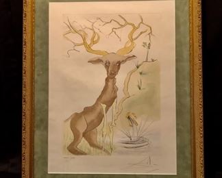 Salvador Dali. The Stag Reflected in the Water.
Signed Lithograph. 1974. #32 of 62. 22x15.5. 35x28 framed. No COA  Available.