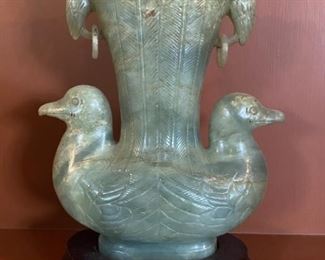 Antique Carved Nephrite Jade Double Bird Vase
On Carved Rosewood Stand
Circa 18-19th Century