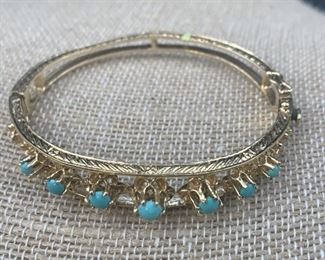 14k Gold and Sleeping Beauty Turquoise Hinged Bangle Bracelet 17.3 G
