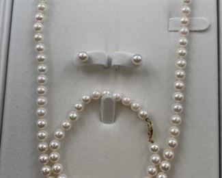 Hand Knotted Cultured Pearl Matching Necklace,      Bracelet, and Earring Set in Presentation Box - 14k Gold Clasps-  Earrings Are for Pierced Ears