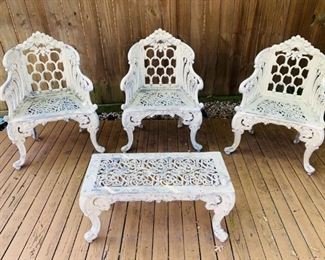 (4) Vintage Cast Iron Rococo Revival Patio Set 
White Painted and Well Cast Iron 3 Patio Chairs and Coffee Table, 19th C