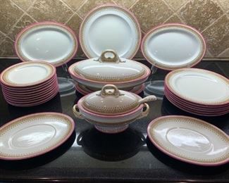 Antique Royal Worcester Set of English Fine China      About 27 Pieces of 18thC Pink band and brown flower and geometric trim