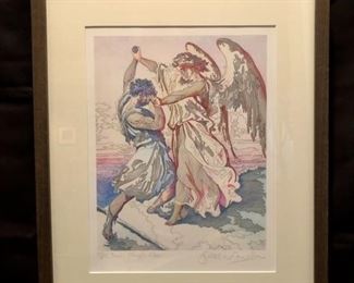 Jacob’s Struggle d. Dire by Guillaume Avoulay  Limited edition Giclee. 89/125. Hand signed by artist. 14x11.  20x16.5 framed. COA attached.