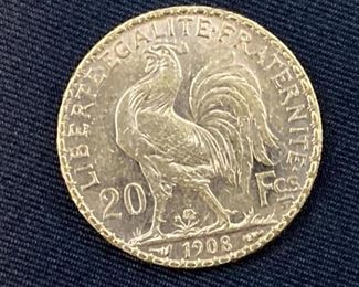 France 1908 .9999 Gold Coin Marianne Rooster 20
Francs