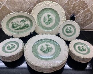 (27) Vintage George Jones & Sons China-Genoa Green 28 Pieces of  Marlborough Green Scene Embossed Pattern Fine Bone China, made in England
Discontinued Pattern, Circa 1933�