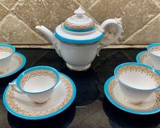 Antique Royal Worcester Tea Set, England.                             2 Turquoise Bands with Brown Geometric Trim