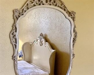 Vintage French Rococo Distressed White Mirror