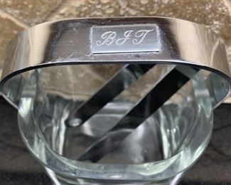 BJ's Monogrammed Ice Bucket with Tongs. Very thick and heavy glass