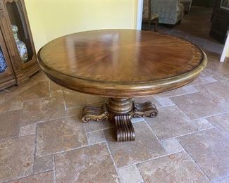 Banded Burl to Walnut Round Pedestal Table 
With Carved Legs & Scroll Feet