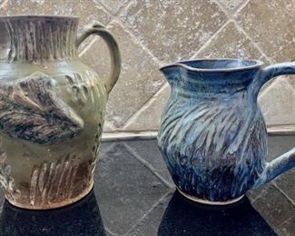 (2) Majolica Style Pottery Pitchers, One is Signed