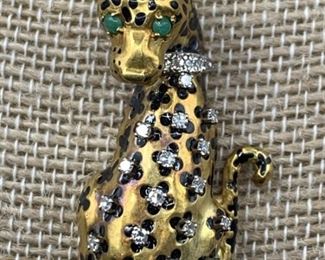 18k Gold, Diamond and Enamel Leopard Pin Brooch, 13.66g