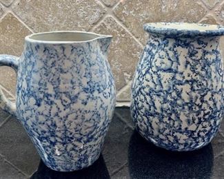 (2) Vintage Blue & White Pottery Pitchers by Marshall Pottery from Marshall, Texas - Marked