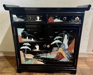 Oriental Black Lacquer Chinoiserie Accent Cabinet