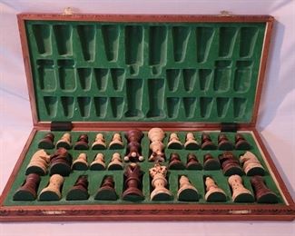 Carved Wooden Chess Set in Hinged Case/Board